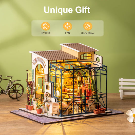 Rolife Emily's Flower Shop kit parts for simple assembly