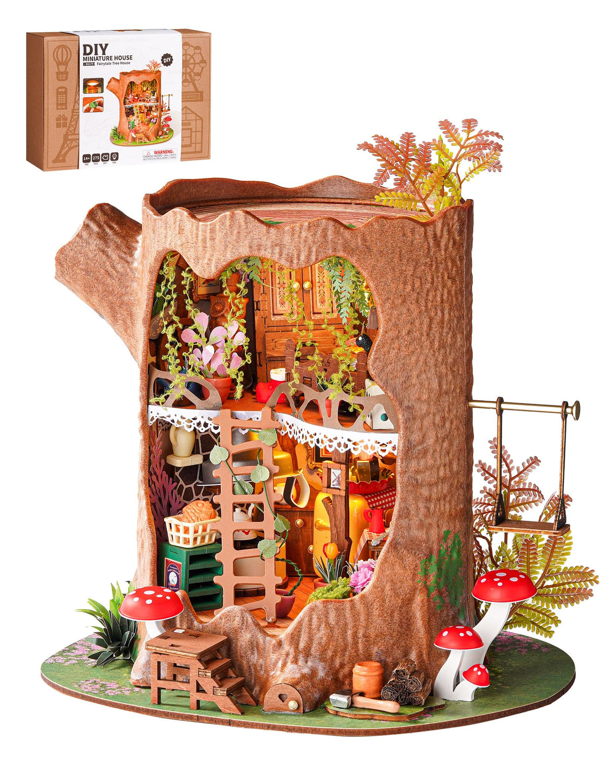 Rolife fairy tree-hole dollhouse front view, perfect woodland décor display.
