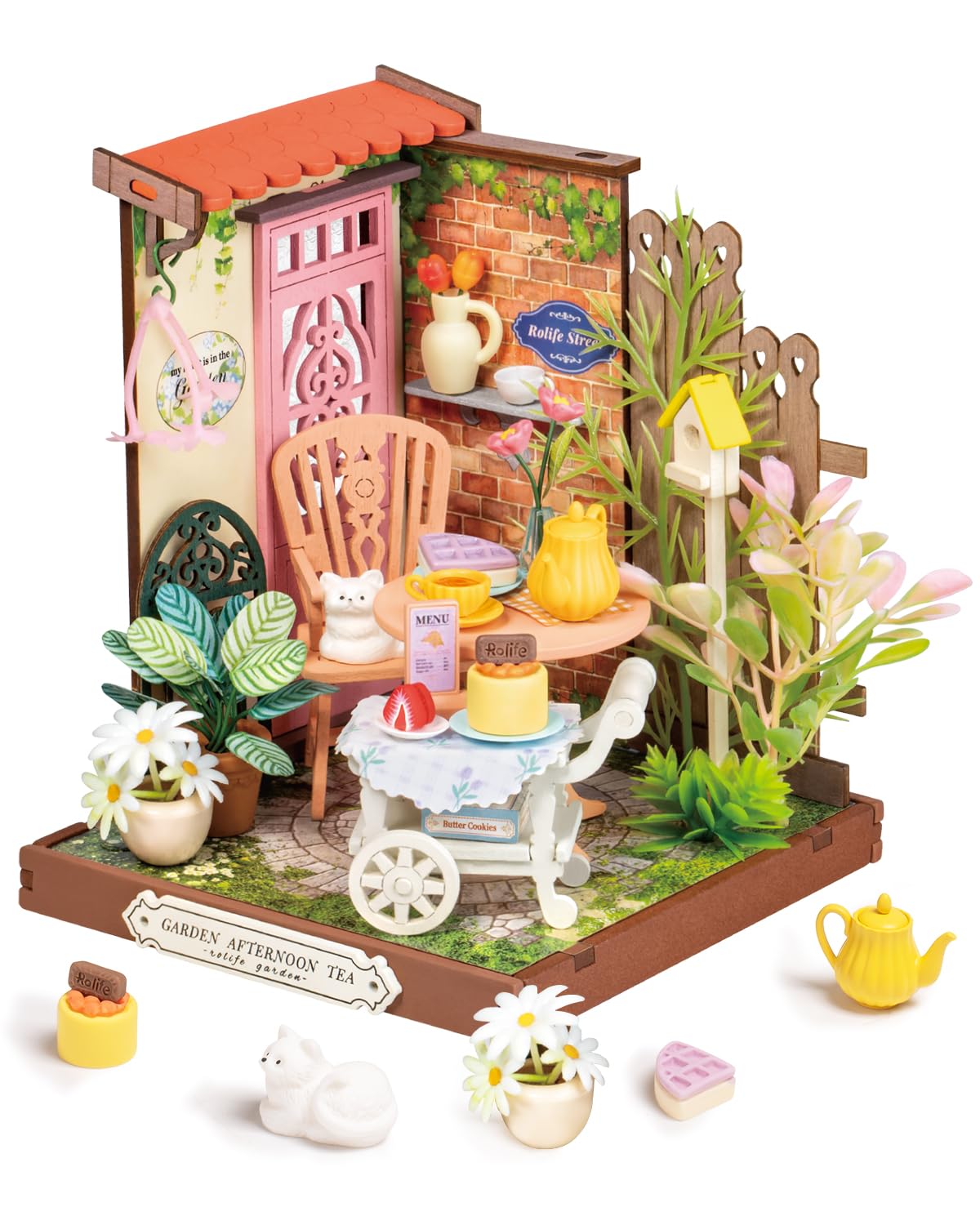 Rolife Fancy Tea Yard front view, elegant desk display for miniatures