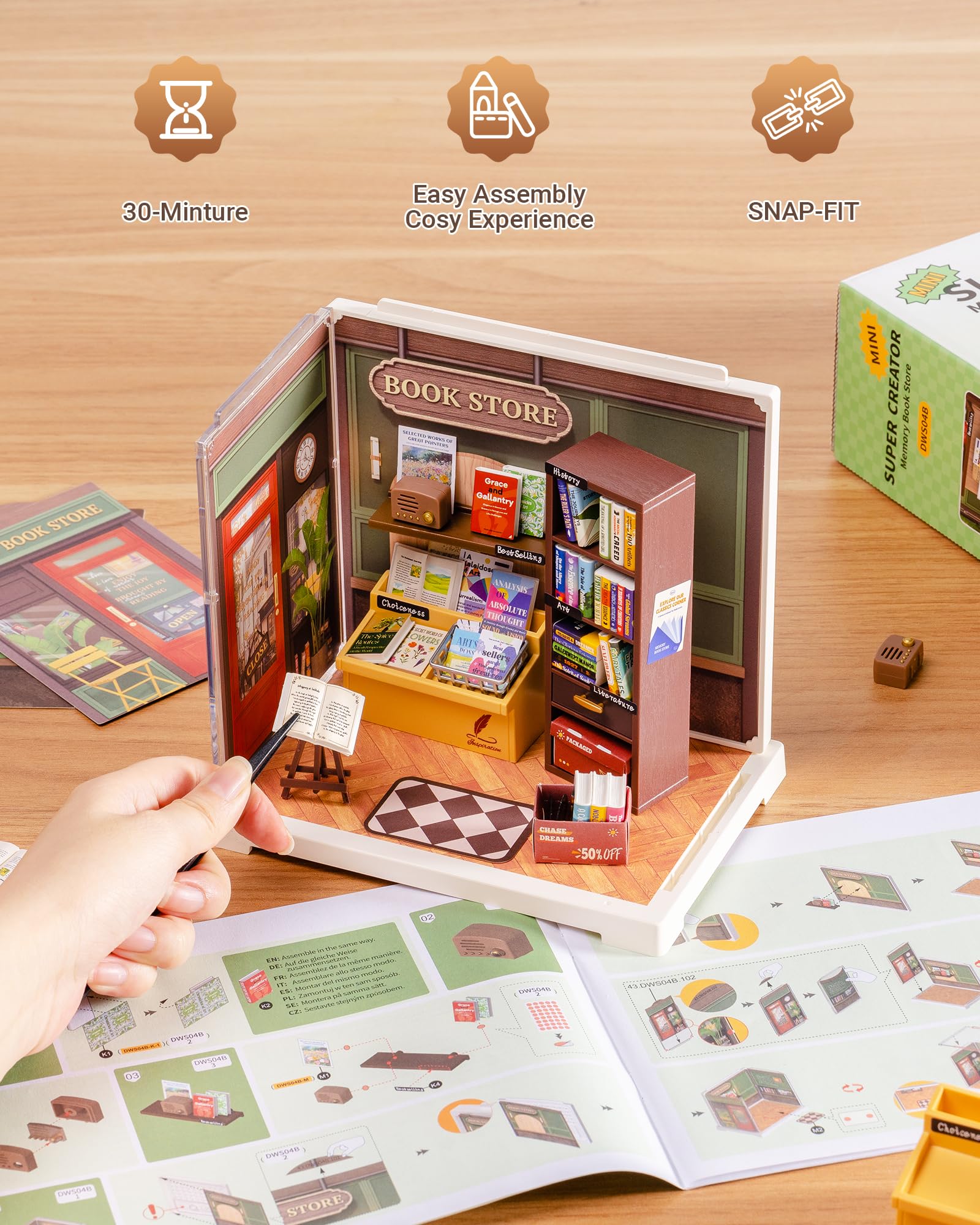 Rolife figurines paired with store scene inspire imaginative storytelling.