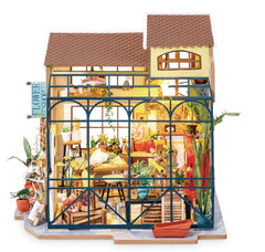 Rolife Flower Shop kit interior detail with shelves and furniture for home décor.