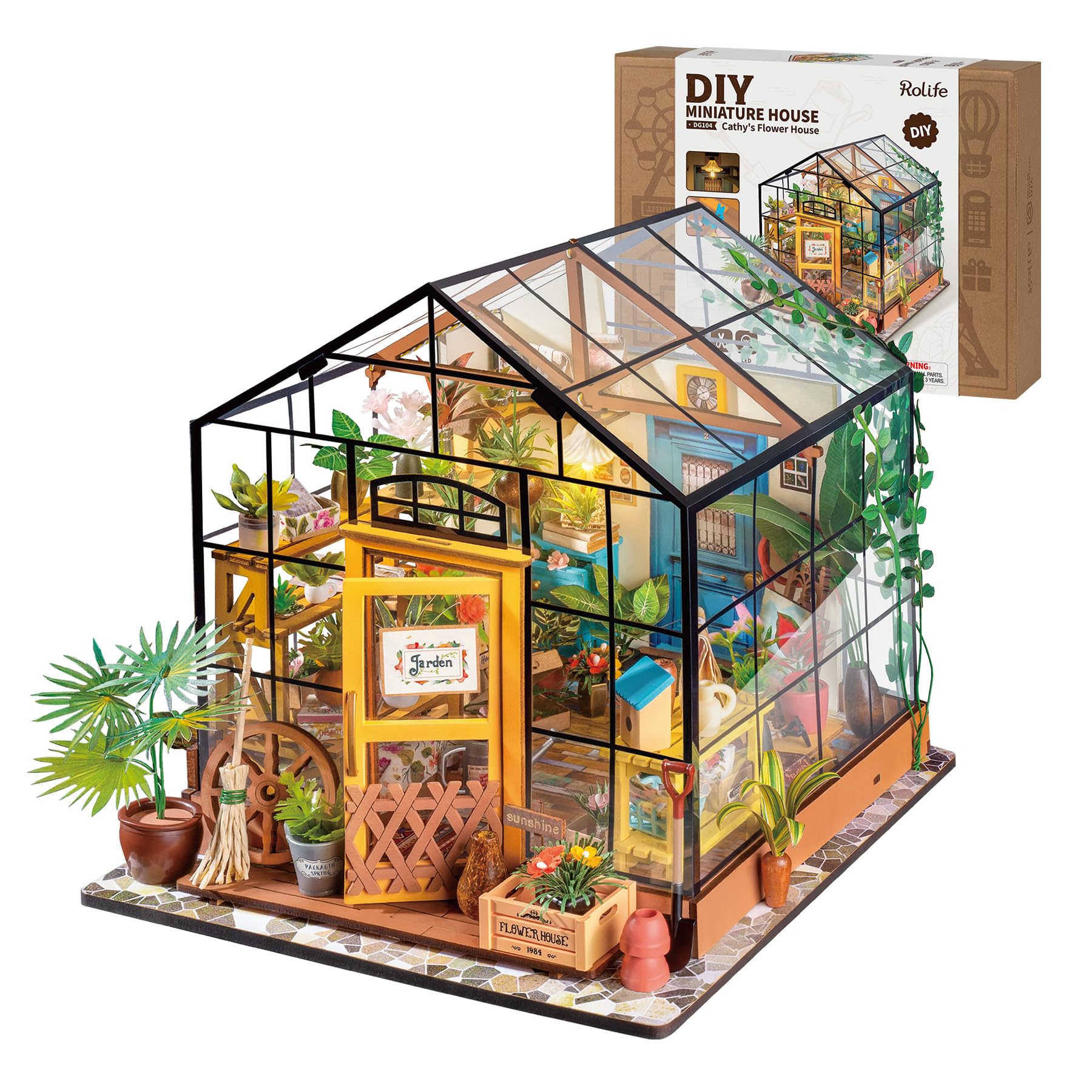 Rolife Green House dollhouse kit with LED lighting for a cozy display.