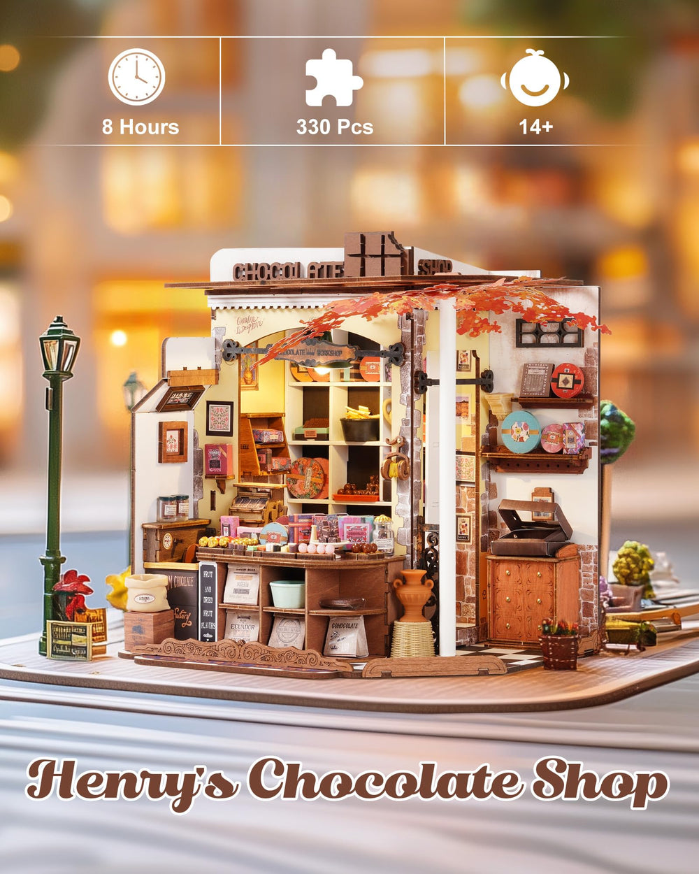 Rolife Henrys Chocolate Shop interior diorama with tiny shelves, eye-catching display.