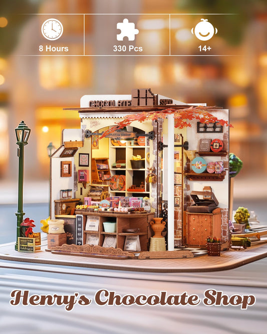 Rolife Henrys Chocolate Shop interior diorama with tiny shelves, eye-catching display.