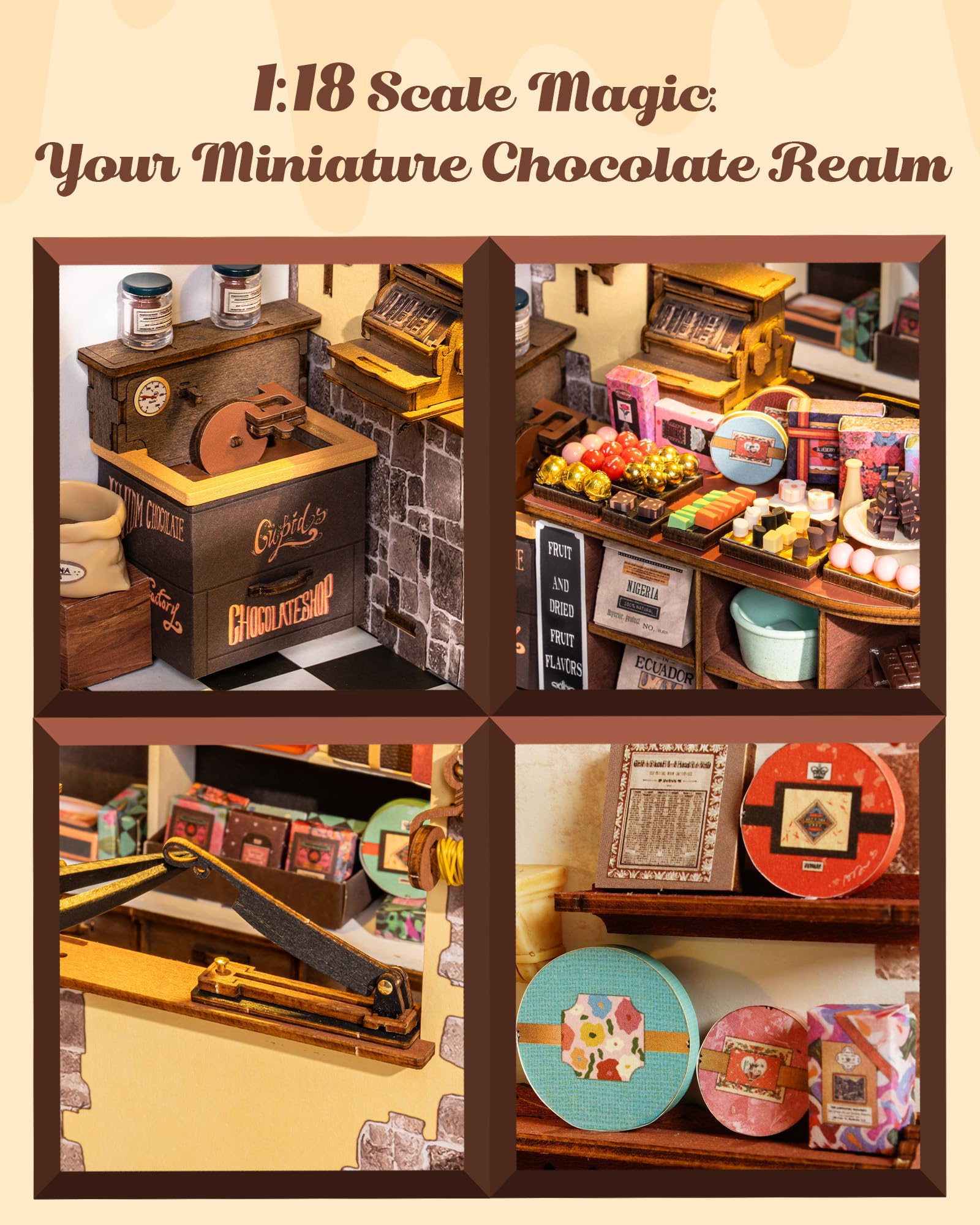 Rolife Henrys Chocolate Shop retro cash register accent adds vintage charm.