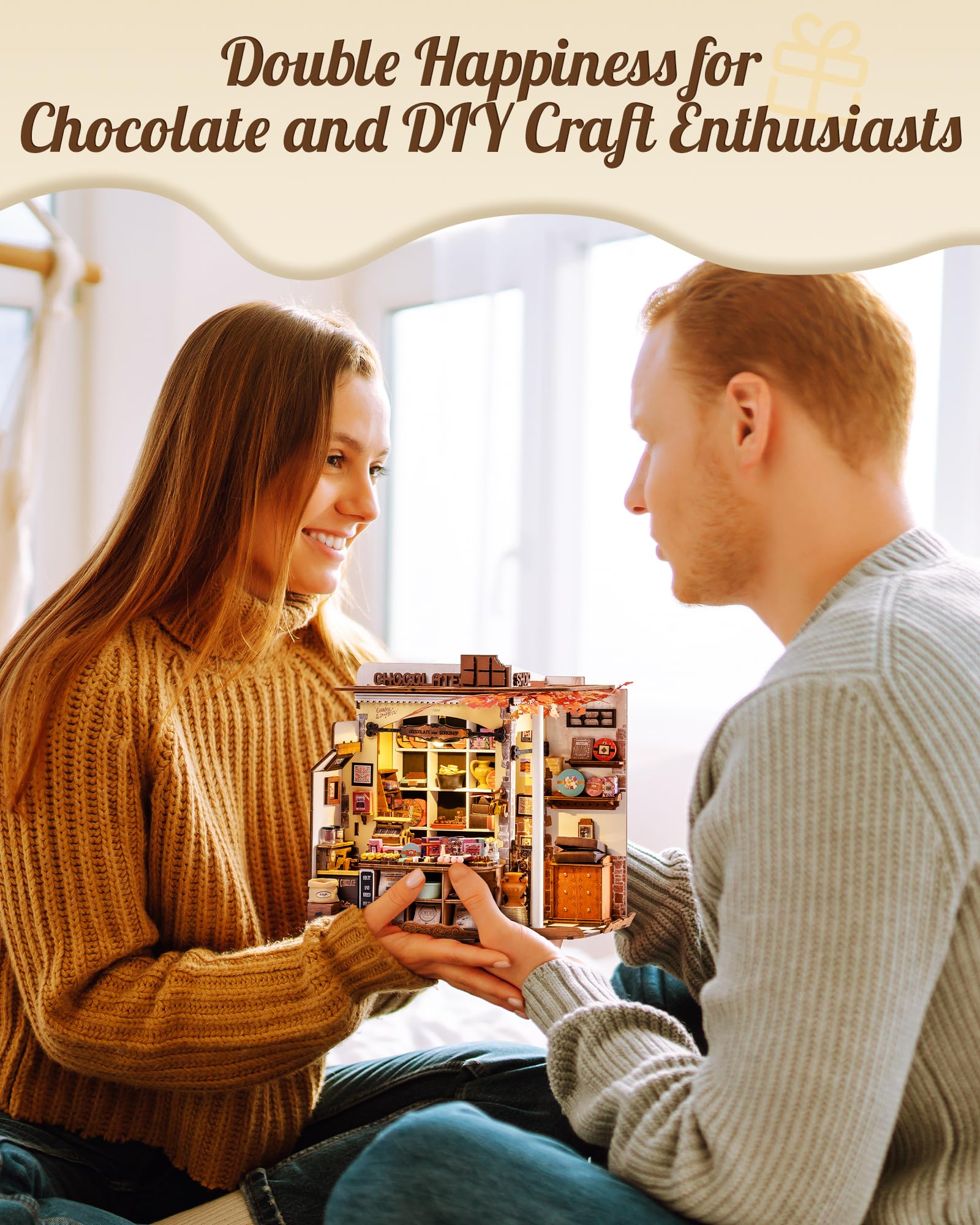 Rolife Henrys Chocolate Shop shelves with tiny decor for charming vignettes.