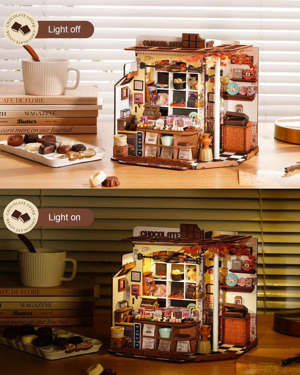 Rolife Henrys Chocolate Shop signage and shelves display for collectibles.