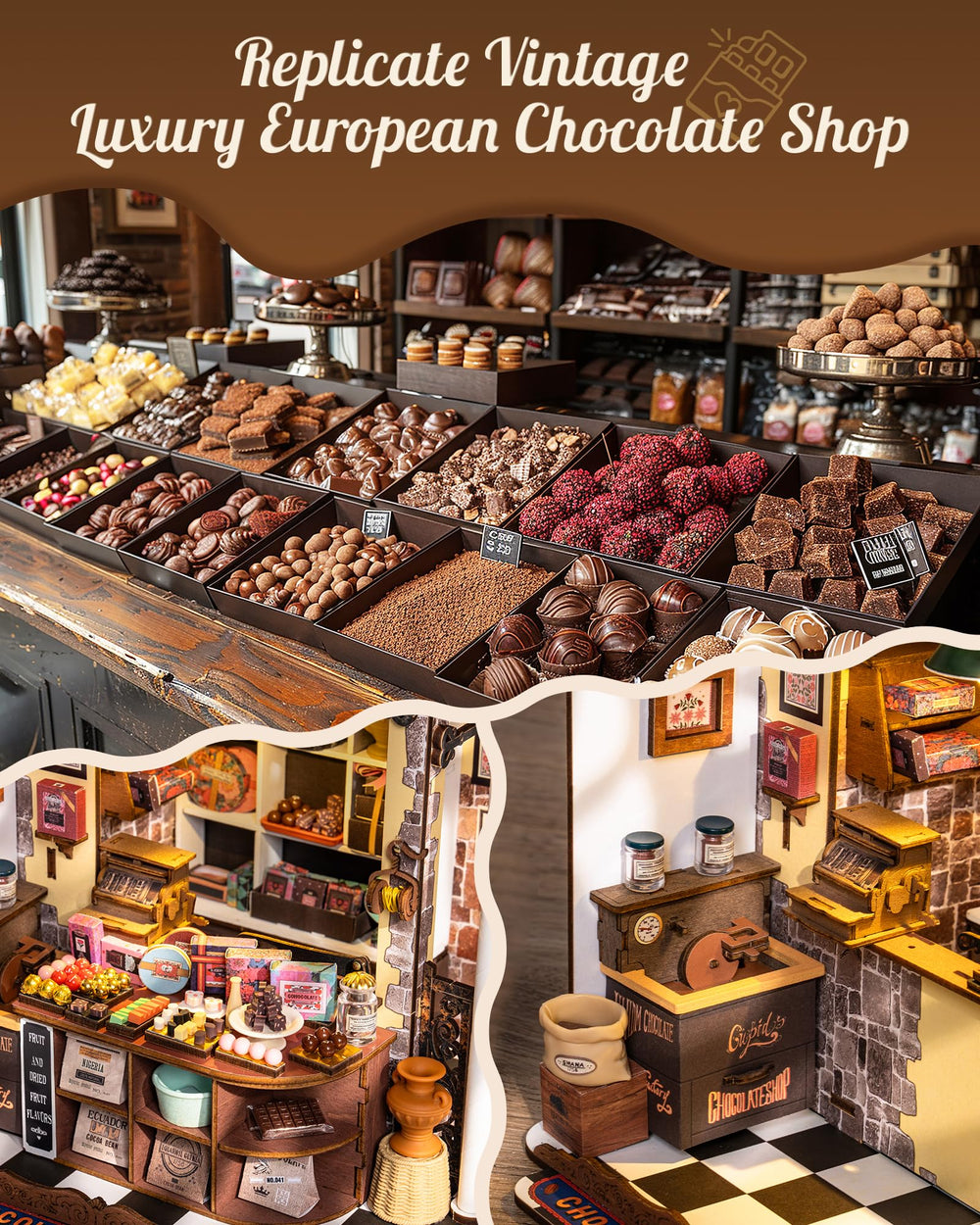 Rolife Henrys Chocolate Shop window display adds lifelike allure.