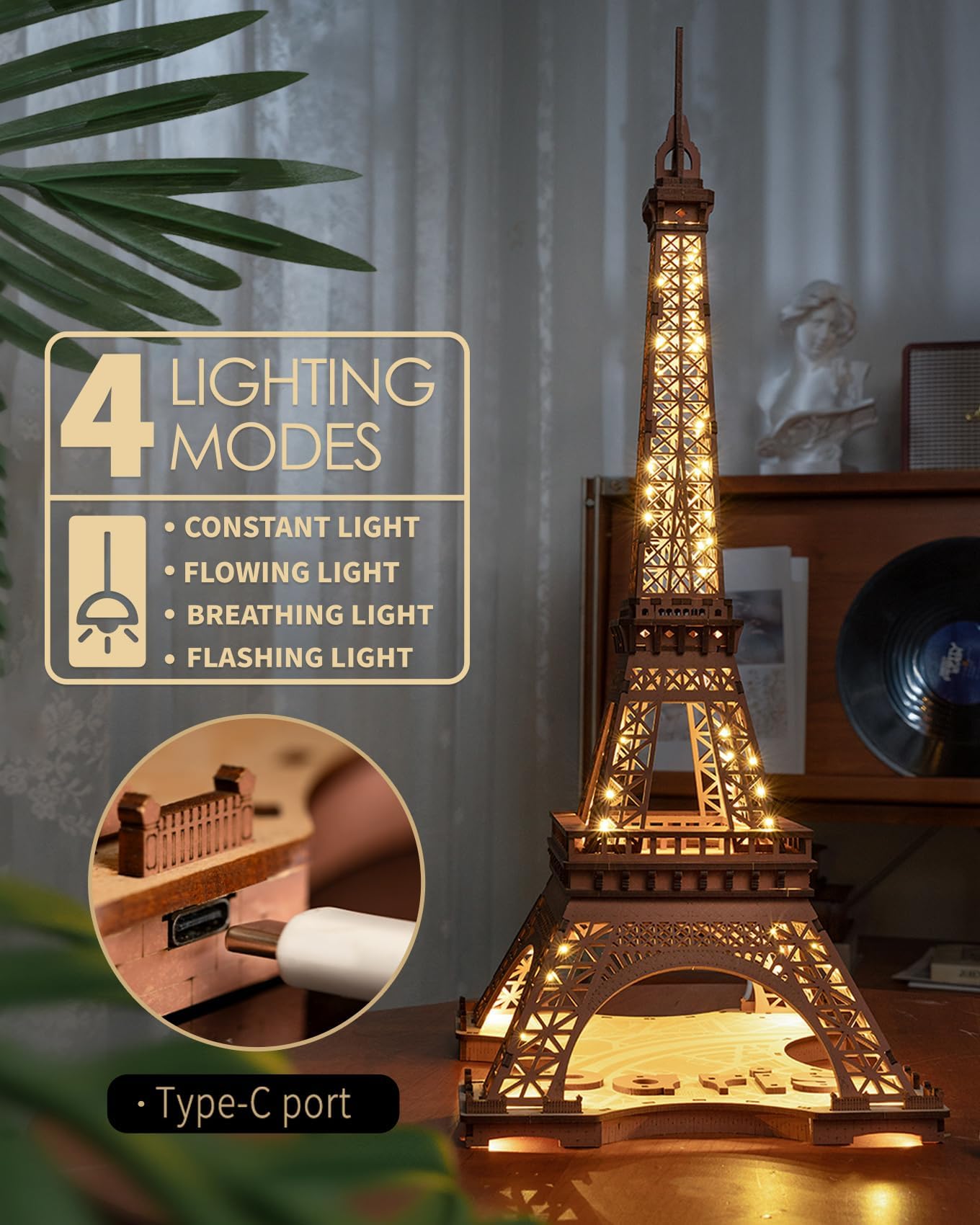 Rolife large Eiffel Tower model display creates an eye-catching centerpiece for living rooms.