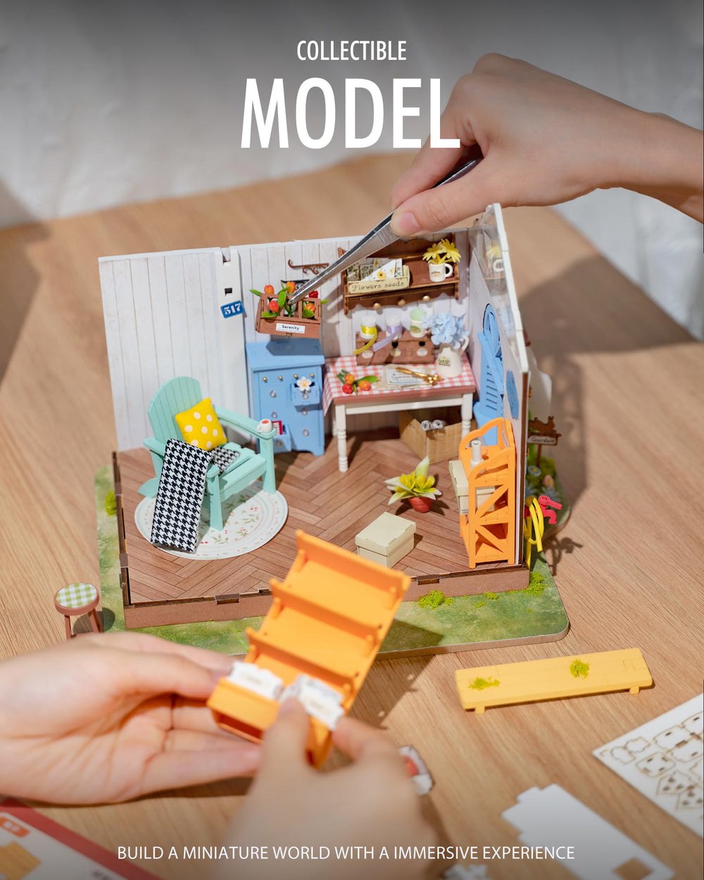 Rolife LED lighting adds a warm glow to the miniature room.
