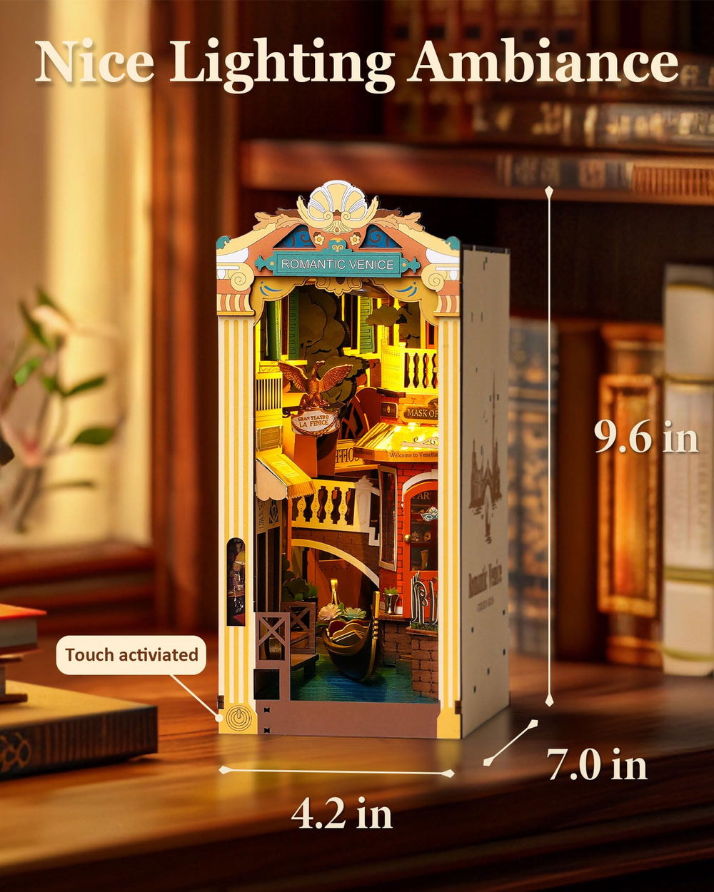 Rolife LED lighting view shows vibrant micro-city details with touch-activated illumination.