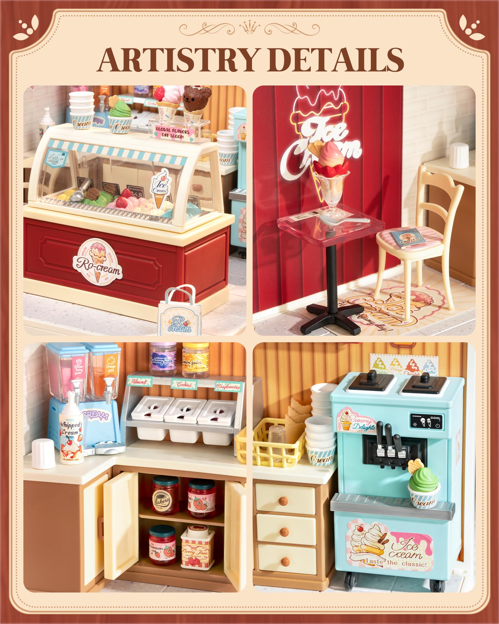 Rolife LED-lit mini ice cream shop enhances nighttime display.