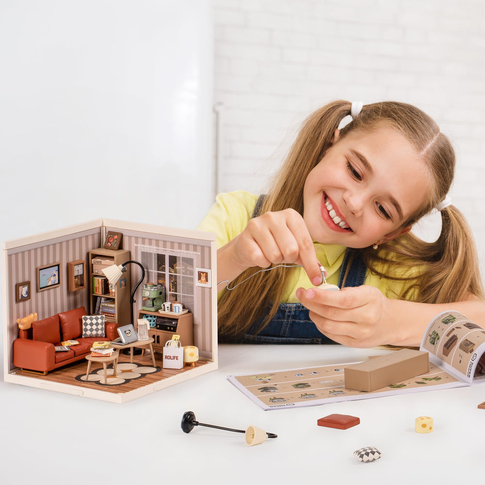 Rolife LED model kit lights on, highlighting magical glow in dim rooms.