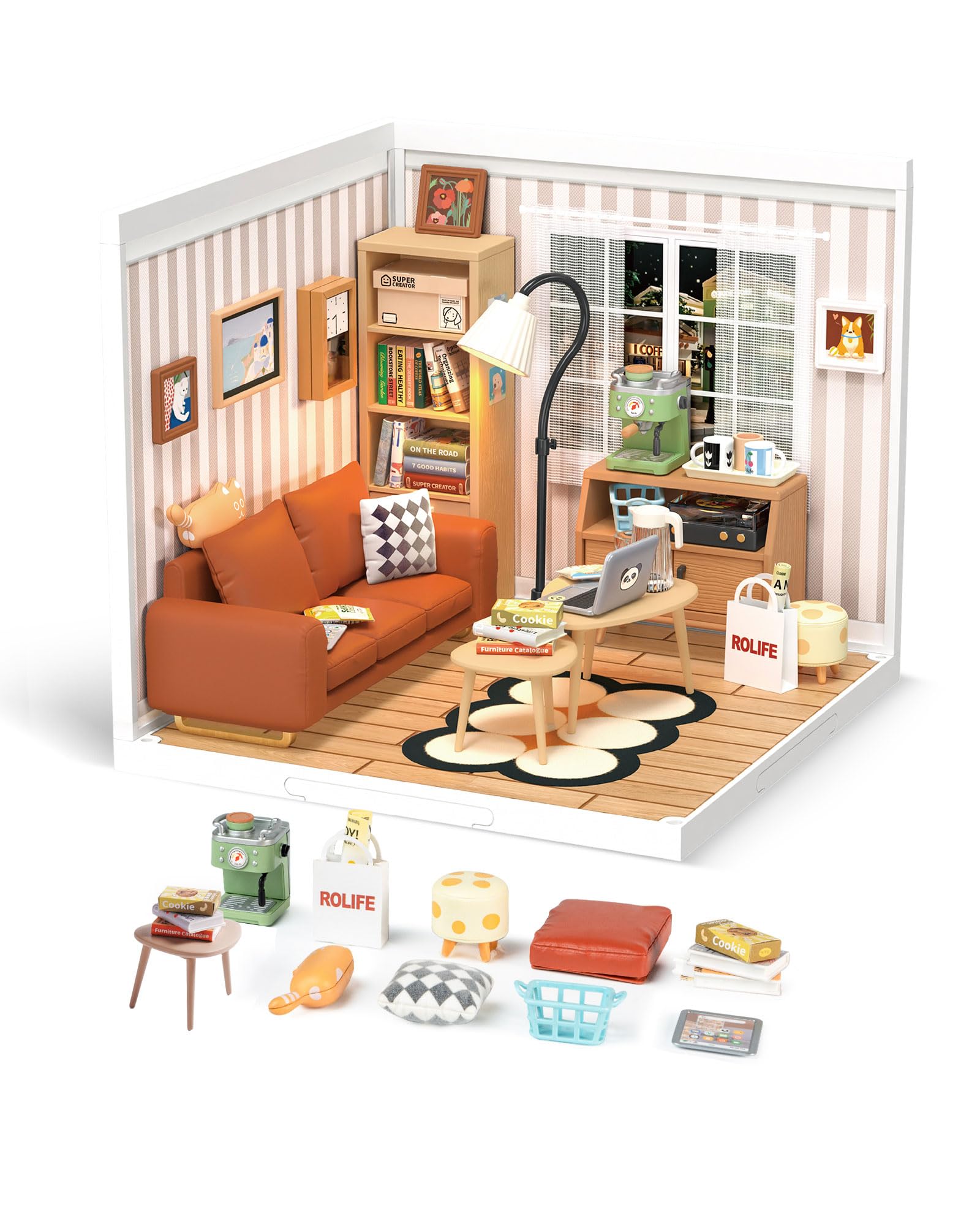 Rolife living lounge with LED lights for cozy diorama display.
