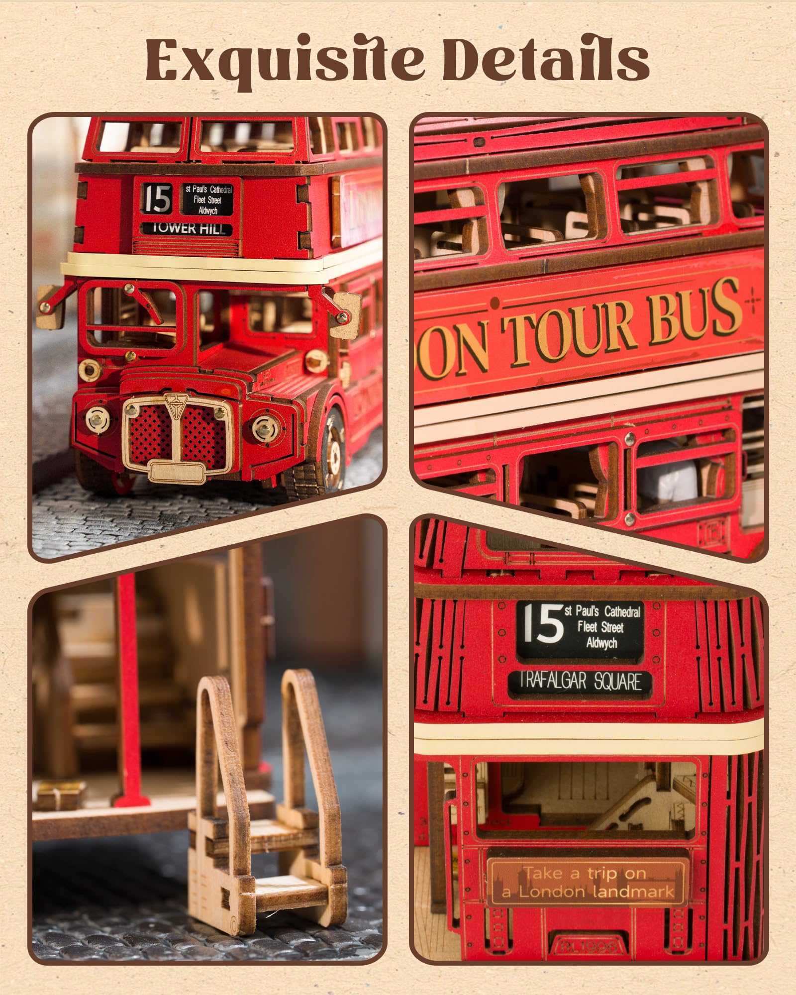 Rolife London Tour Bus wheels in motion for a realistic rolling feel.