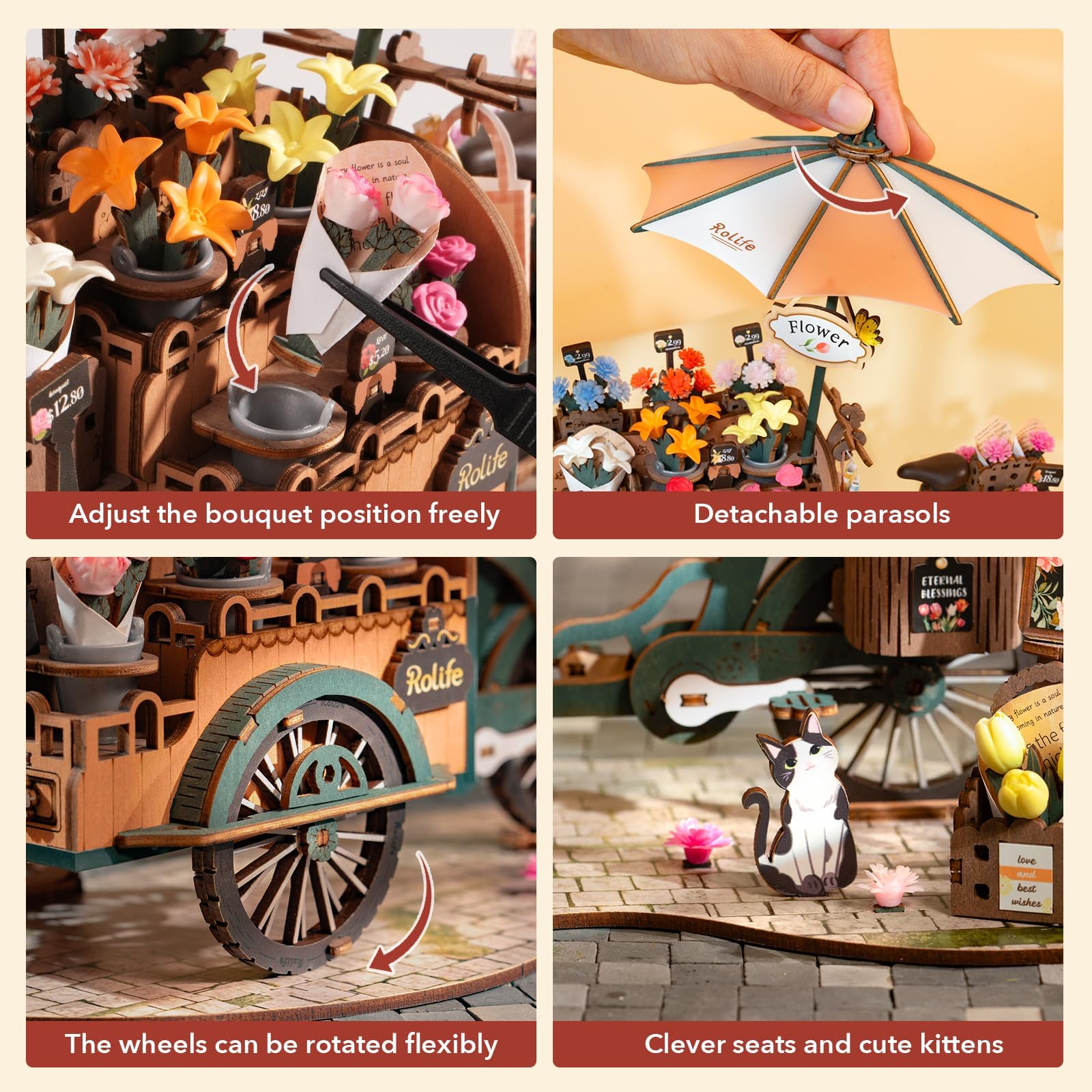 Rolife Miniature 3D Flower Cart 24-Spoke Wheels: functional wheels enhance realism