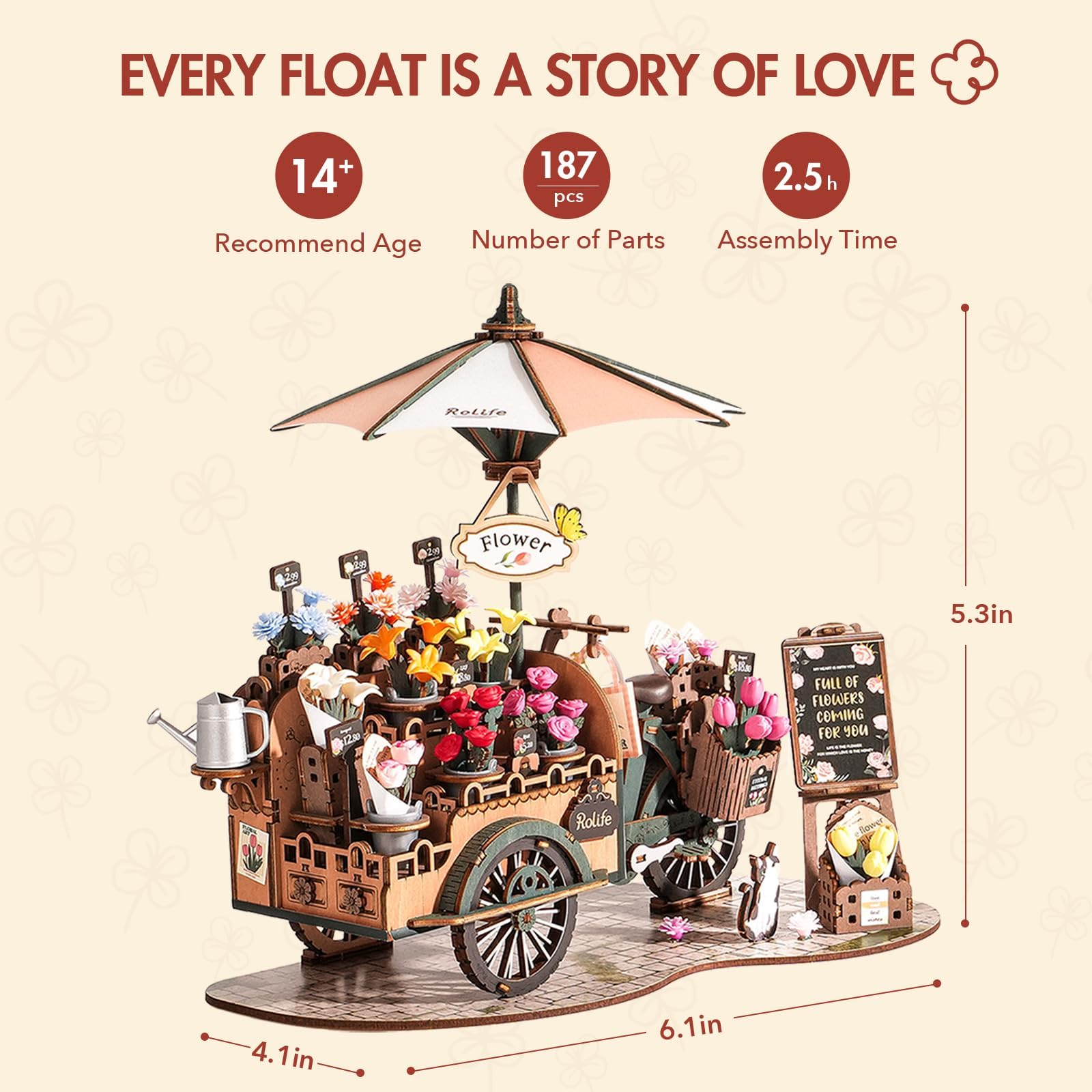 Rolife Miniature 3D Flower Cart Adjustable Buckets: flexible display options