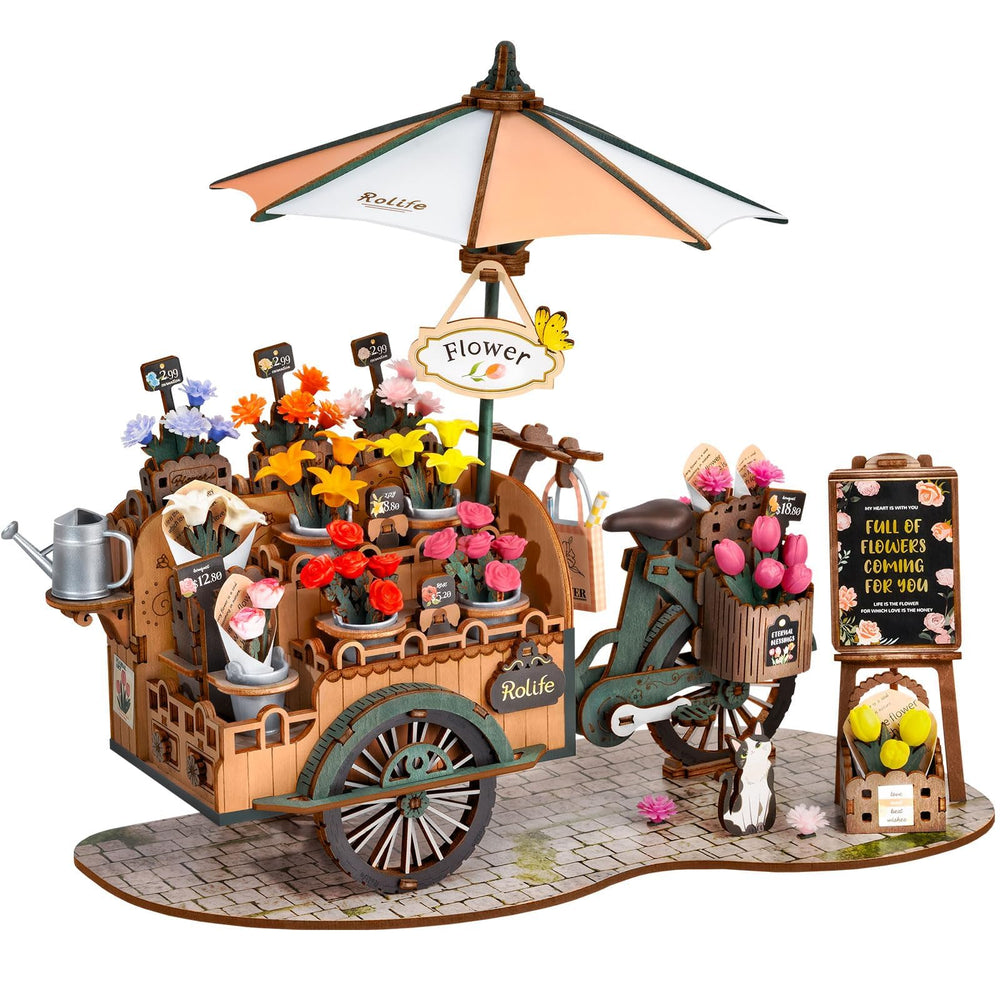 Rolife Miniature 3D Flower Cart Assembly: easy, glue-free setup for a relaxing project