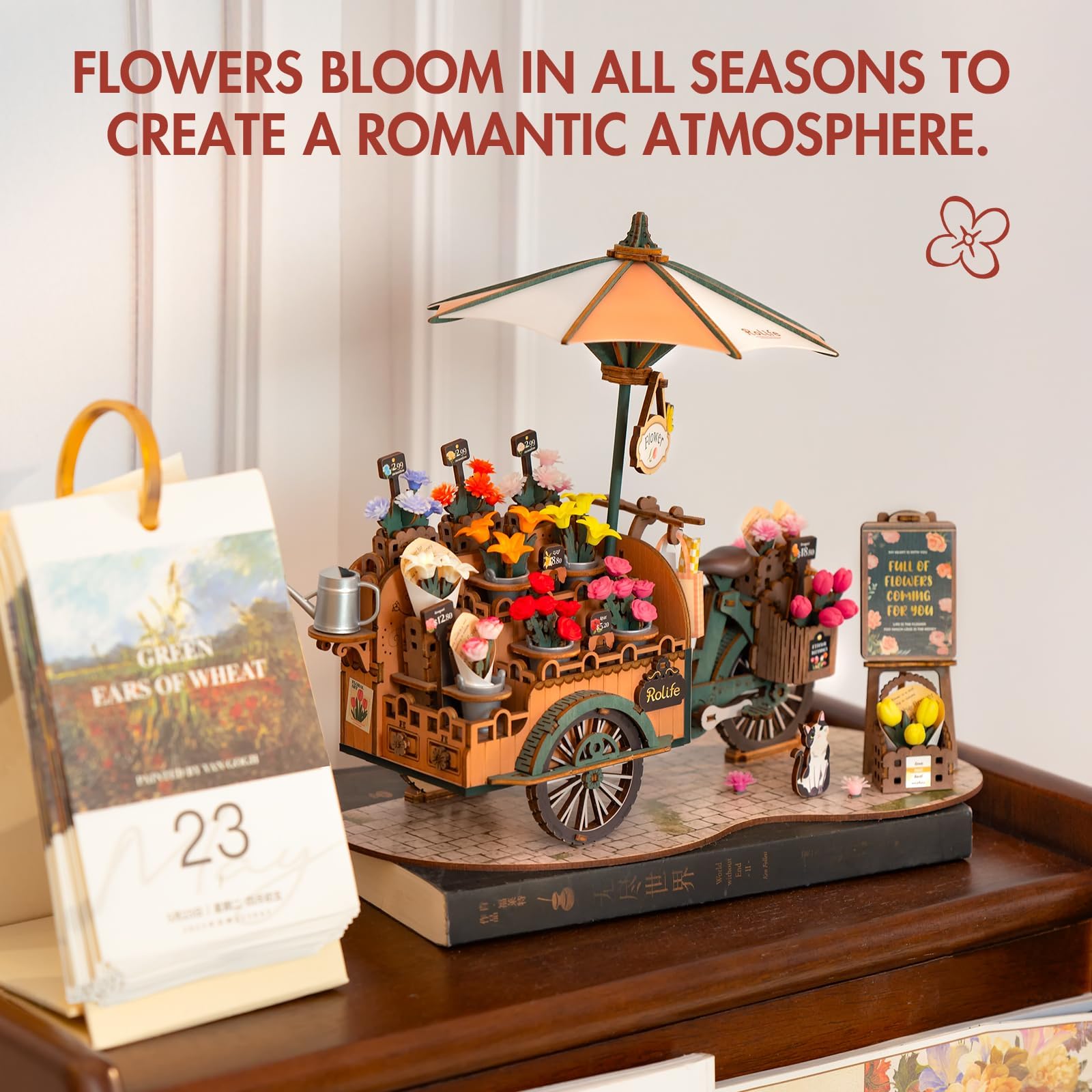 Rolife Miniature 3D Flower Cart Centerpiece: creates a captivating desk decor focal point