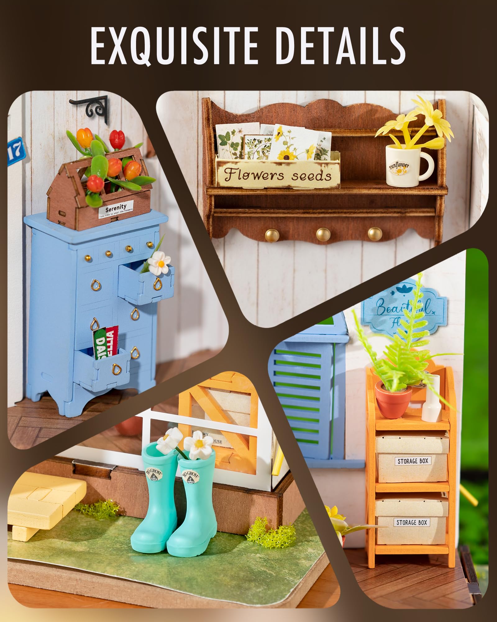 Rolife tiny plants and flowers enhance lifelike beauty of the diorama.