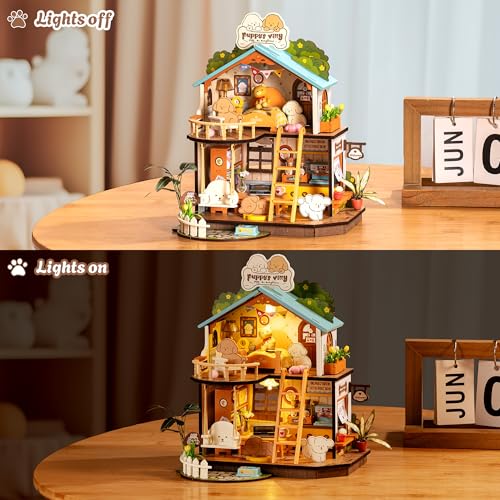 Rolife miniature puppy figure included for lifelike villa scene