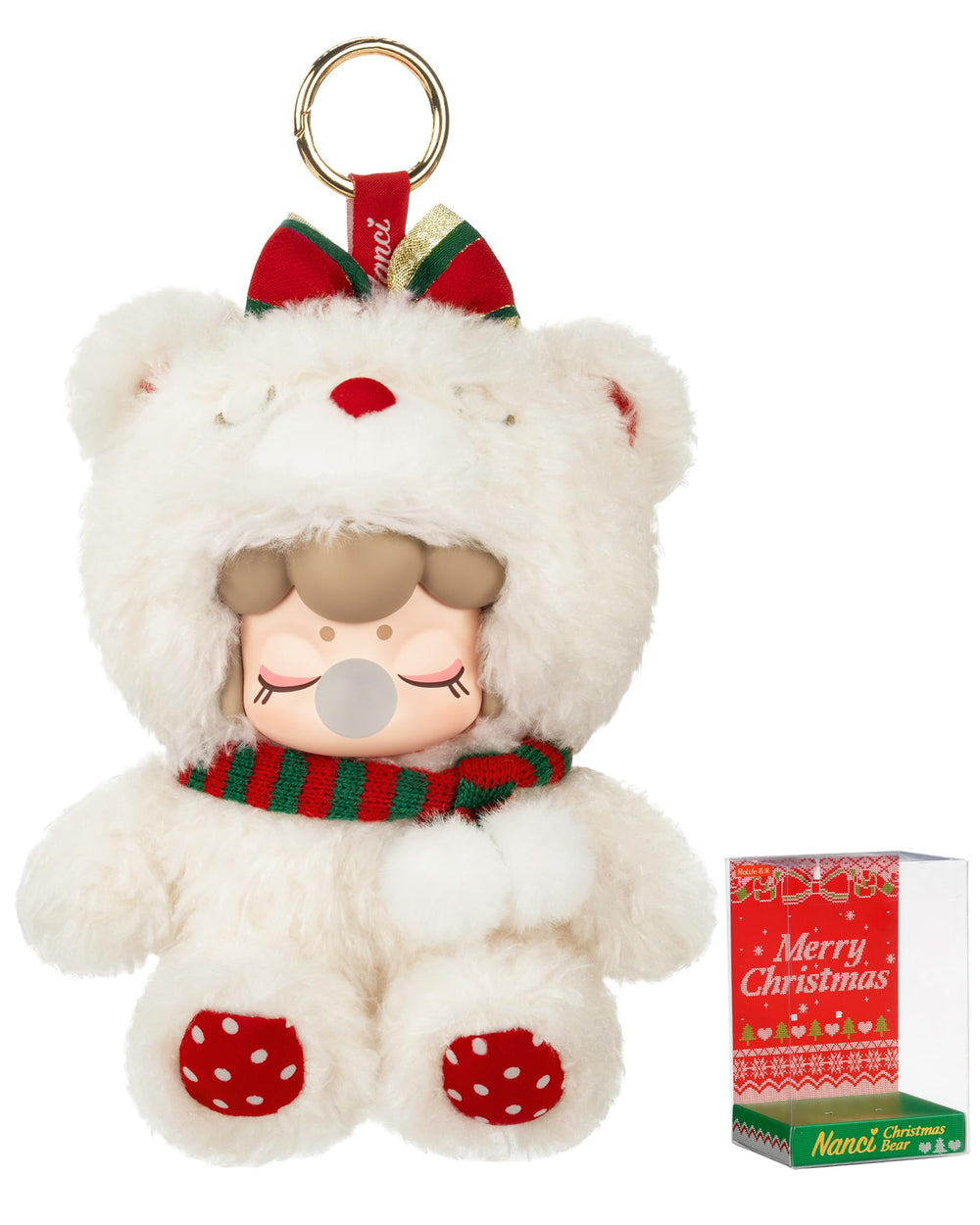 Rolife Nanci Christmas Bear plush pendant with snow-white fur, ideal as a tree ornament or backpack charm.