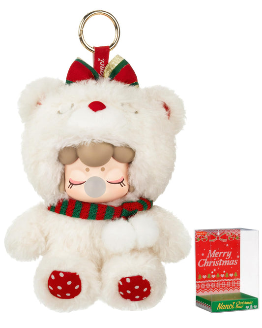 Rolife Nanci Christmas Bear plush pendant with snow-white fur, ideal as a tree ornament or backpack charm.