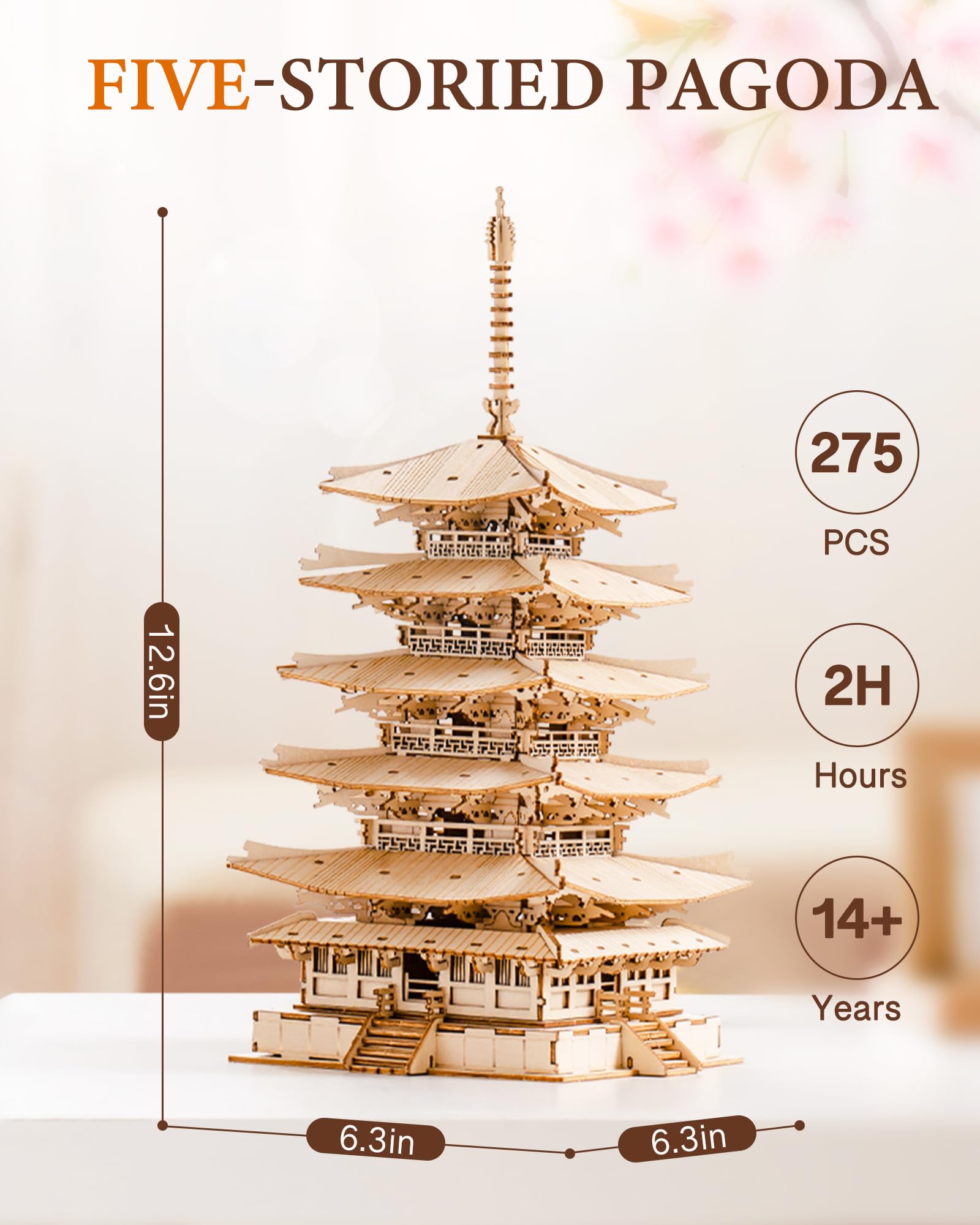 Rolife Pagoda front view highlighting carved wooden architecture.