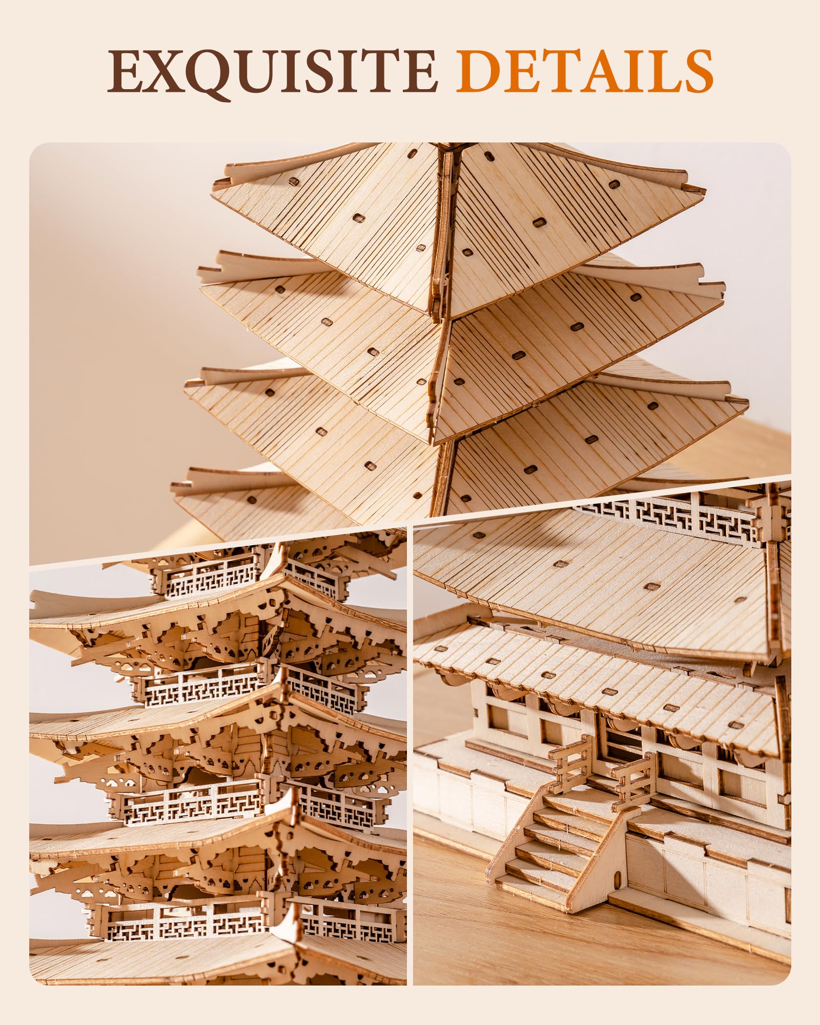 Rolife Pagoda side detail revealing intricate joinery and grain patterns.
