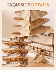 Rolife Pagoda side detail revealing intricate joinery and grain patterns.