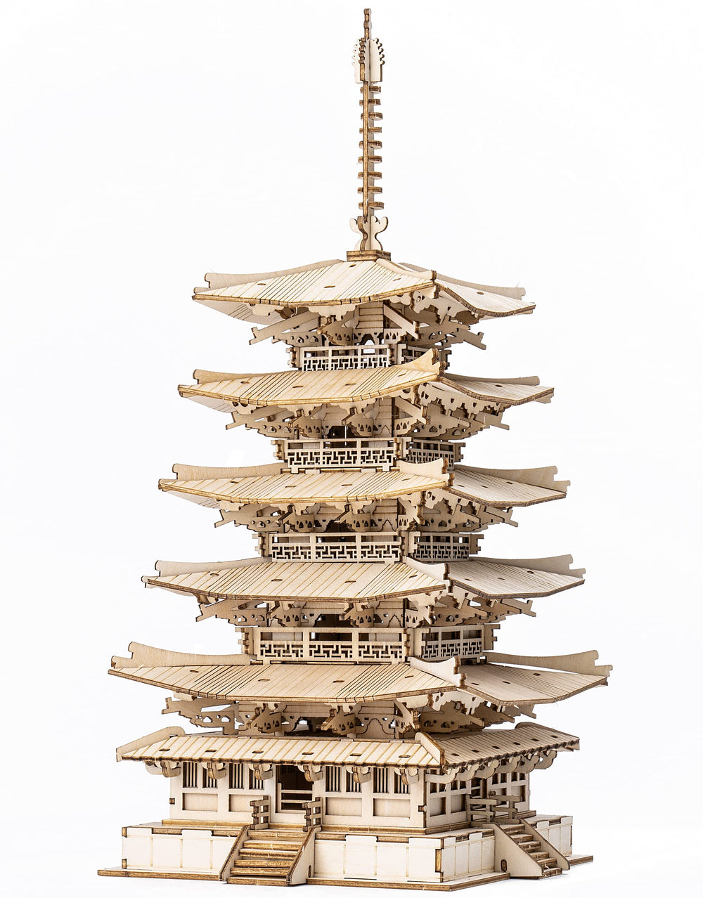 Rolife Pagoda wood model pieces laid out for a satisfying build.