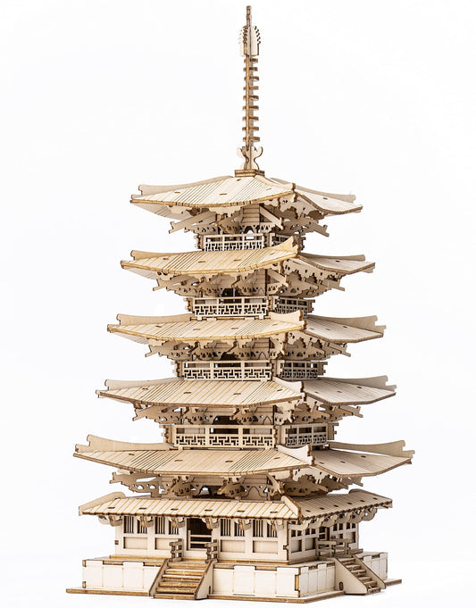 Rolife Pagoda wood model pieces laid out for a satisfying build.