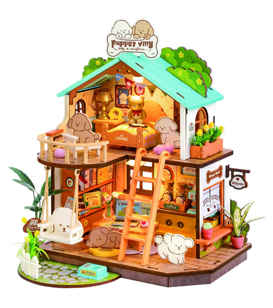 Rolife puppy cozy villa front view shows warm miniature living space ideal for display
