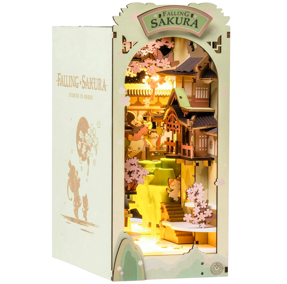 Rolife Sakura book nook assembly showcasing intricate wooden inserts for a calming DIY project.