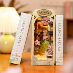 Rolife Sakura bookend on shelf display enhances decor with a tranquil miniature world.