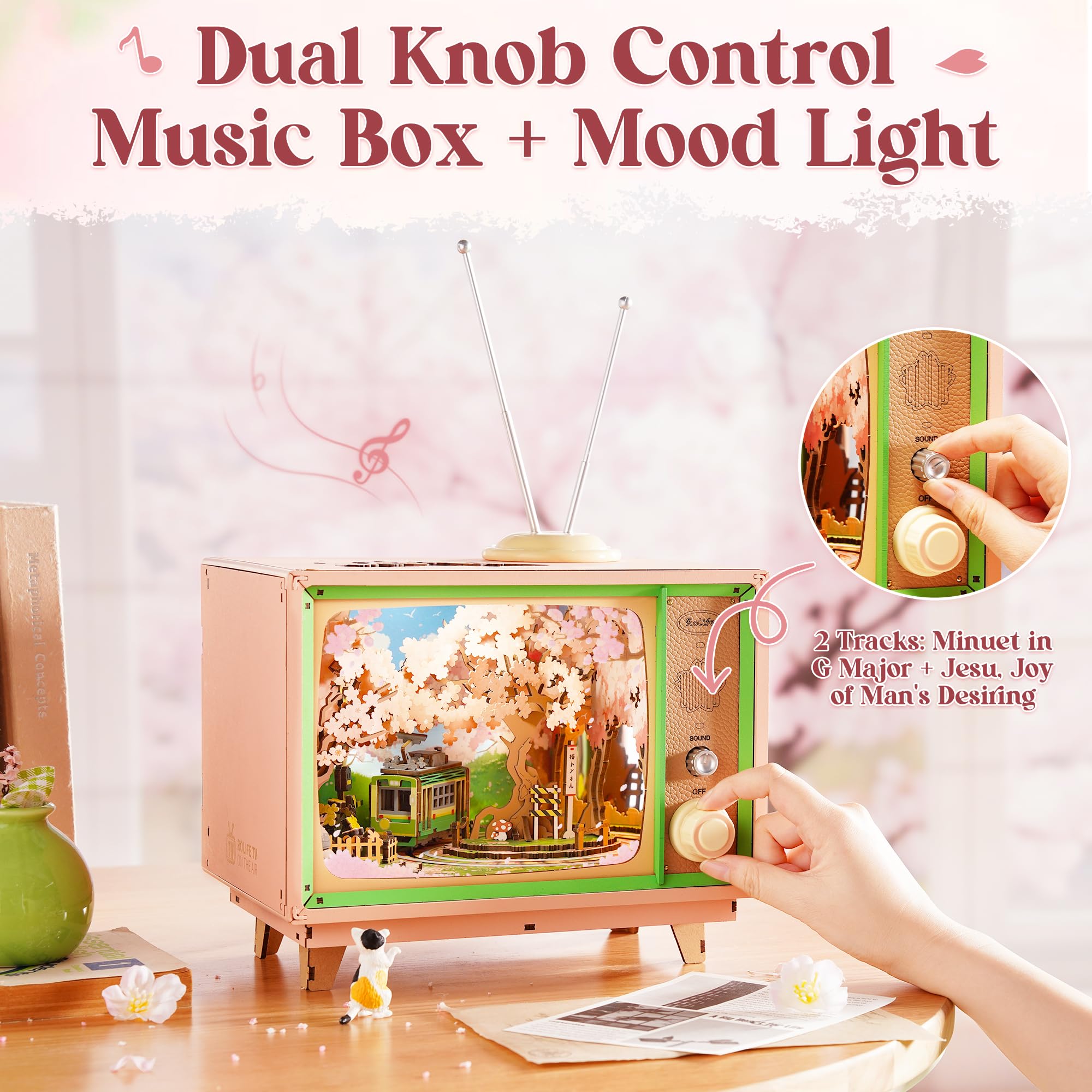 Rolife Sakura Dreamy Tour music box in retro TV style ready to play a gentle tune