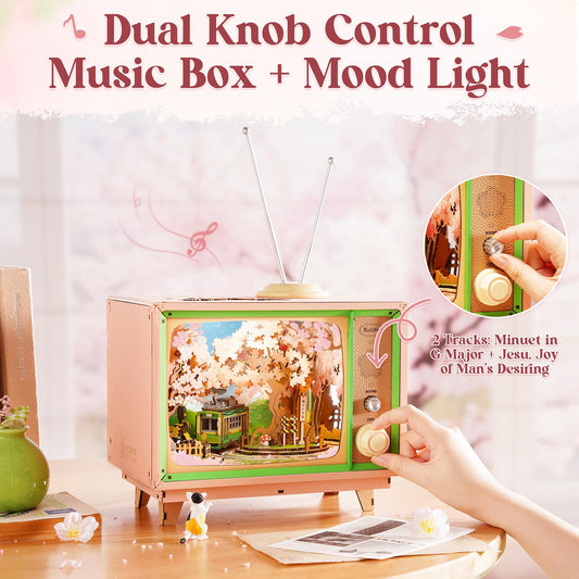 Rolife Sakura Dreamy Tour music box in retro TV style ready to play a gentle tune