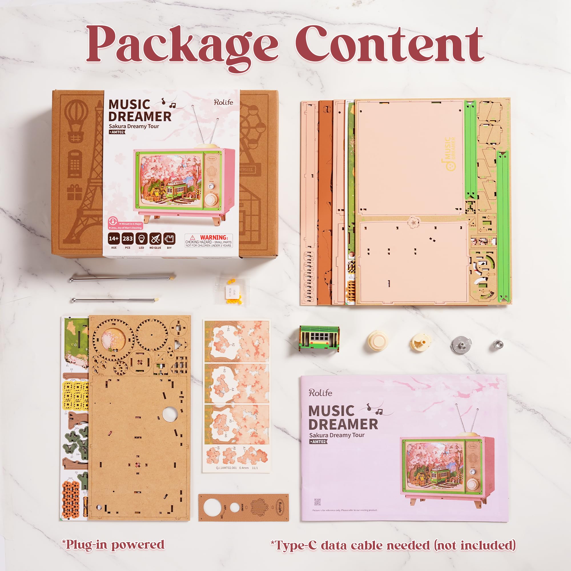 Rolife Sakura Dreamy Tour unassembled wooden pieces laid out for building