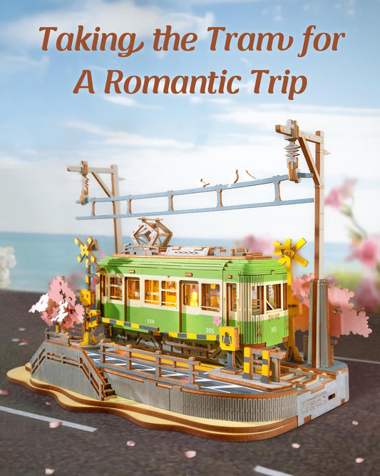 Rolife Sakura Journey Tram parts spread, showcasing precision laser-cut craftsmanship.