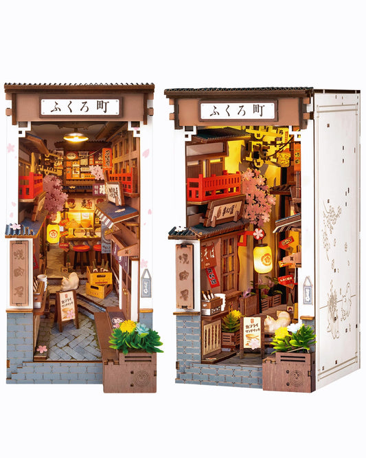 Rolife Sakura Wine Alley front view adds cherry-blossom ambience to your bookshelf.