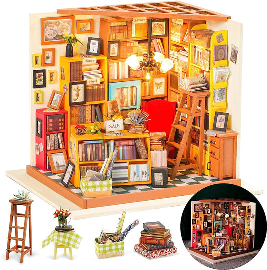 Rolife Sam's Study dollhouse kit front view for a charming display