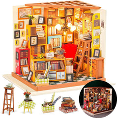 Rolife Sam's Study dollhouse kit front view for a charming display