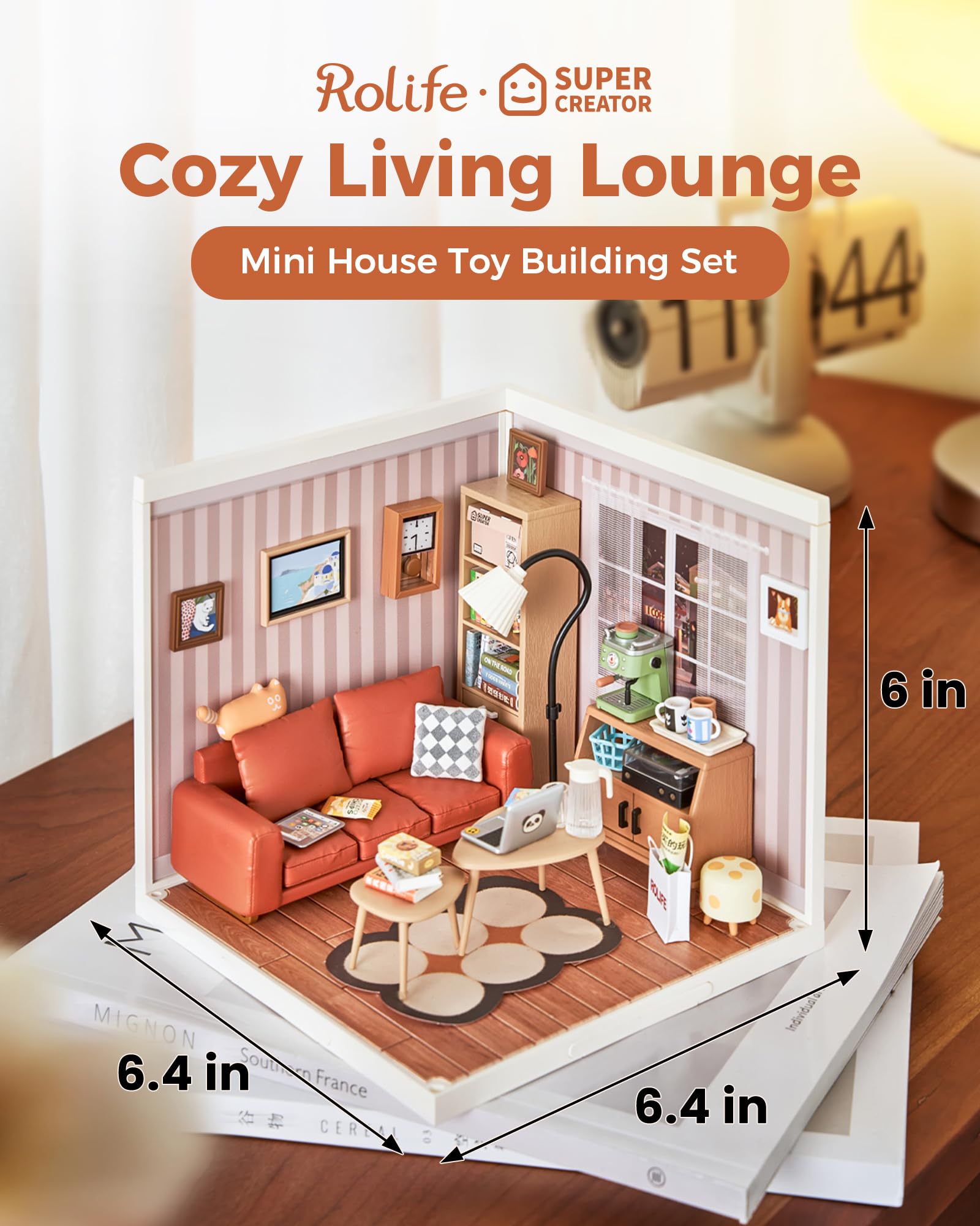 Rolife shelf with magazines adds realism to miniature scenes.