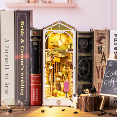 Rolife Sunshine Town book nook front view, charming bookshelf centerpiece.