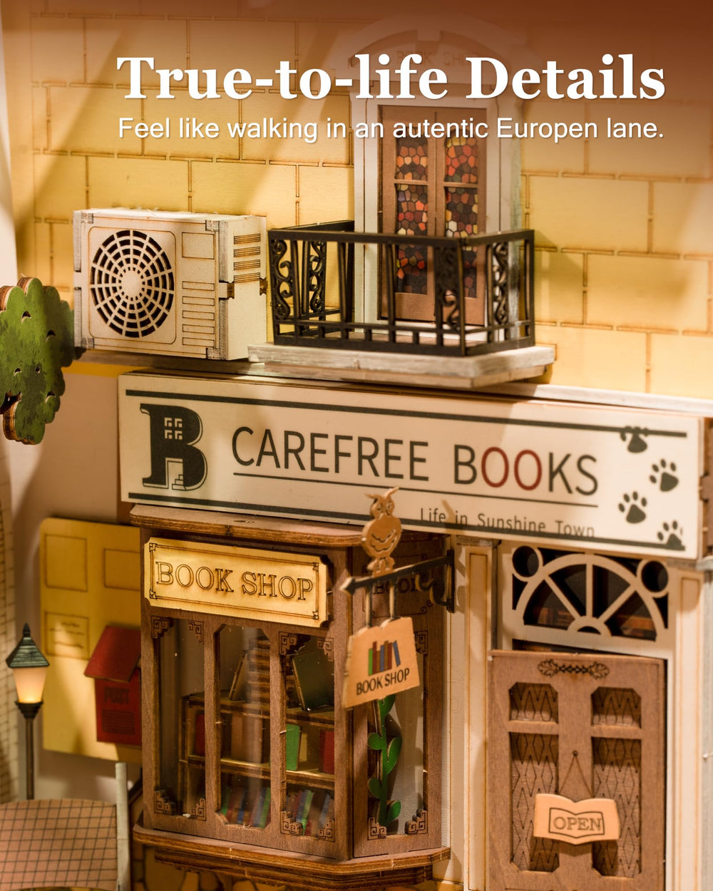Rolife Sunshine Town bookstore cafe scene adds cozy village vibe.
