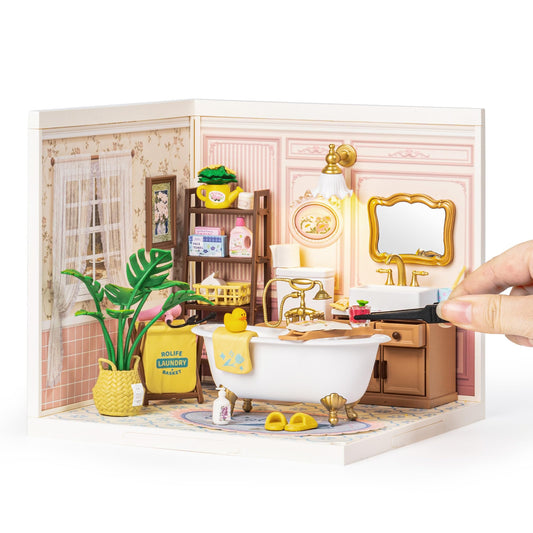 Rolife Super Creator bubble bathroom build session shows vibrant blocks and organized pieces.