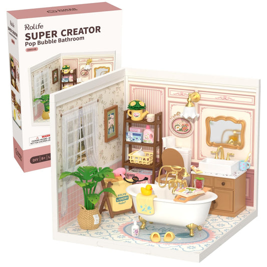 Rolife Super Creator bubble bathroom kit components laid out for an engaging build.