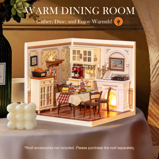 Rolife Super Creator dining table detail with tiny tableware for realism