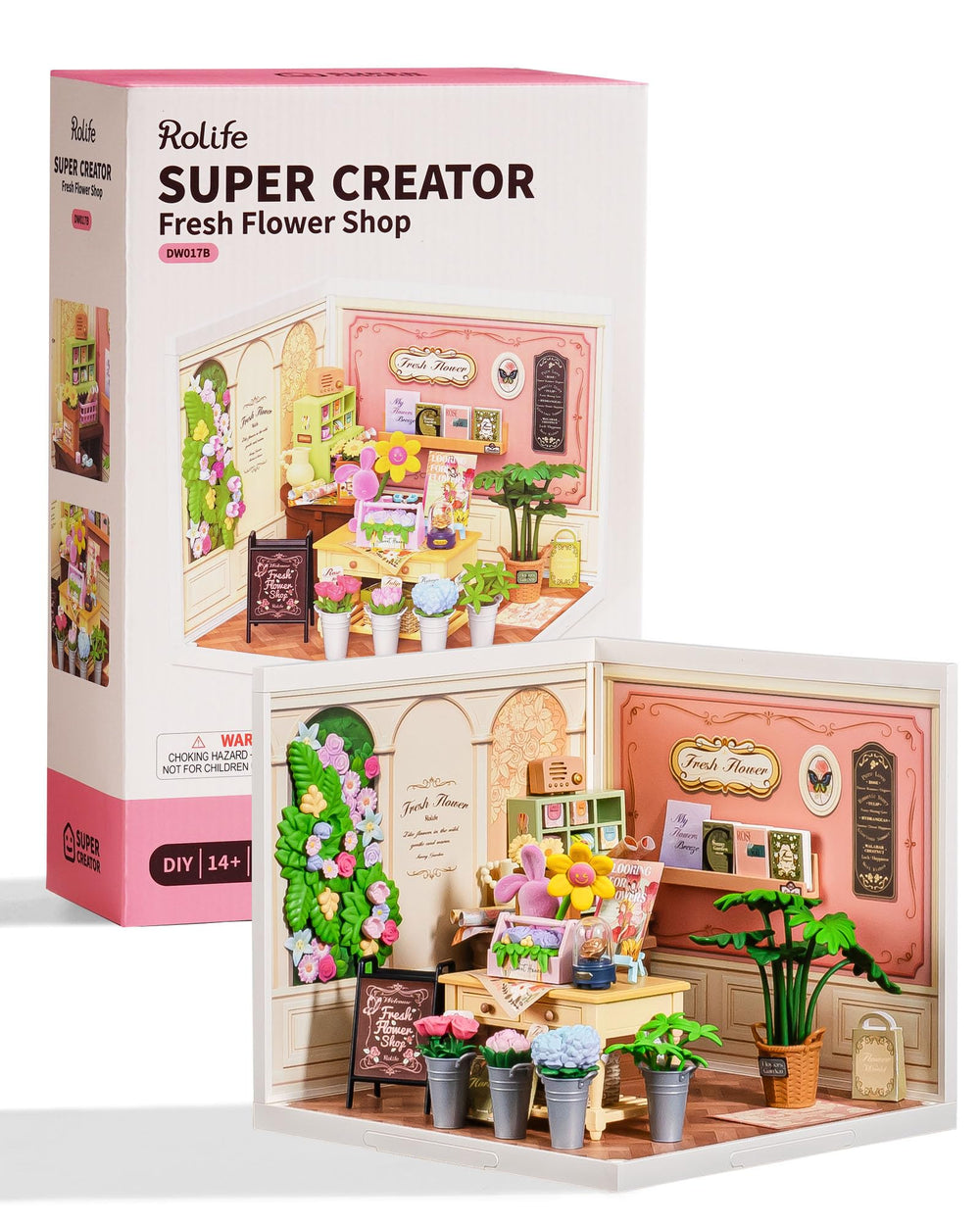 Rolife Super Creator fresh flower shop LED diorama brightens your desk display.