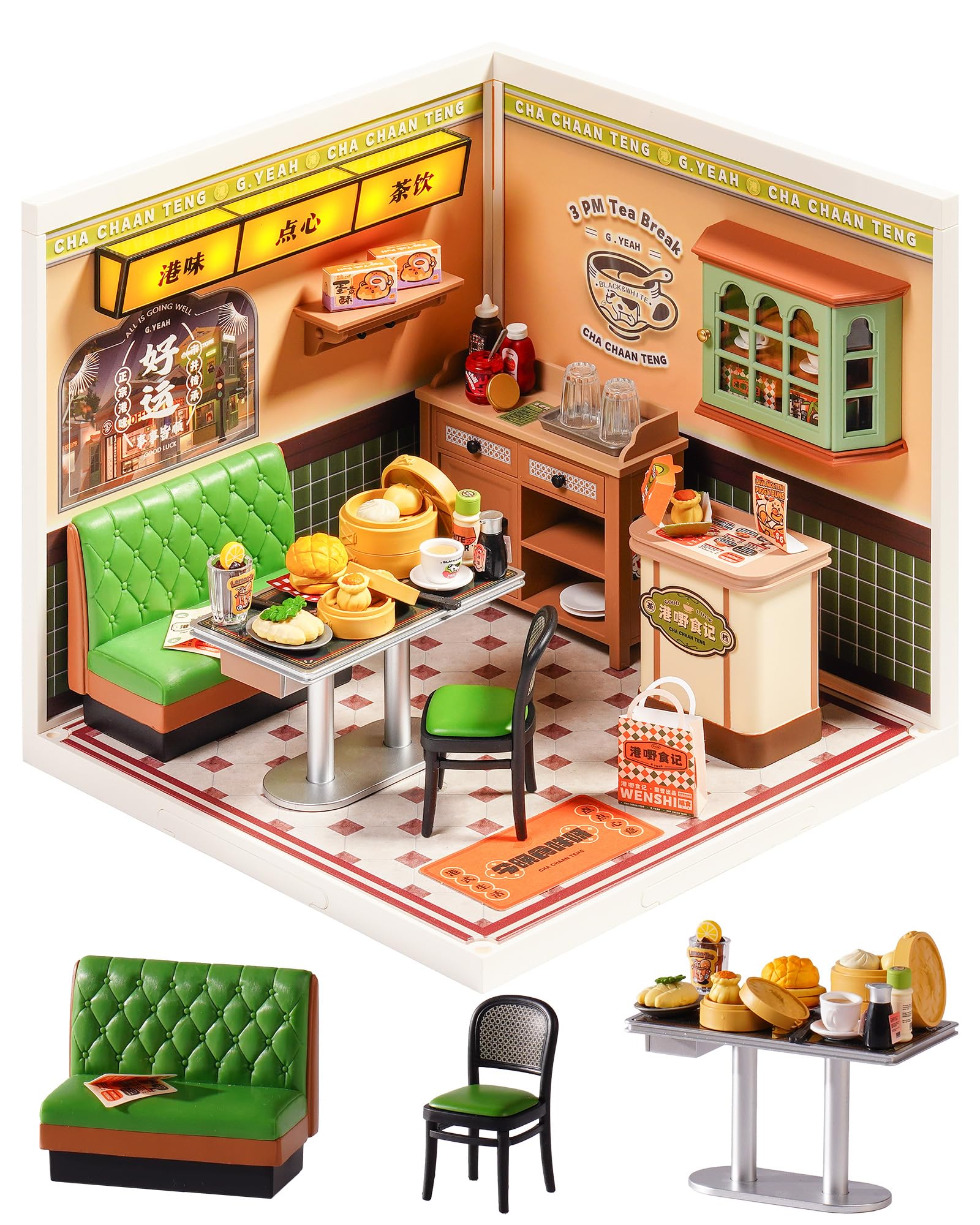 Rolife Super Creator Hong Kong Bites Cafe dollhouse kit for display.